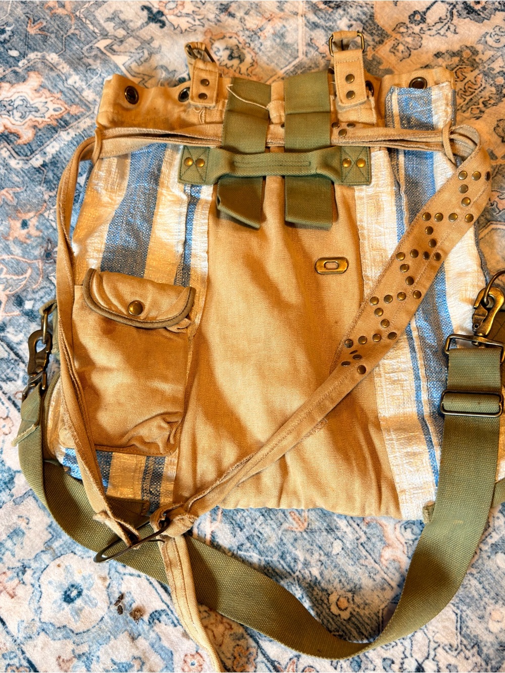 We The Free Tan Canvas Crossbody with Blue Stripes and Olive Webbing